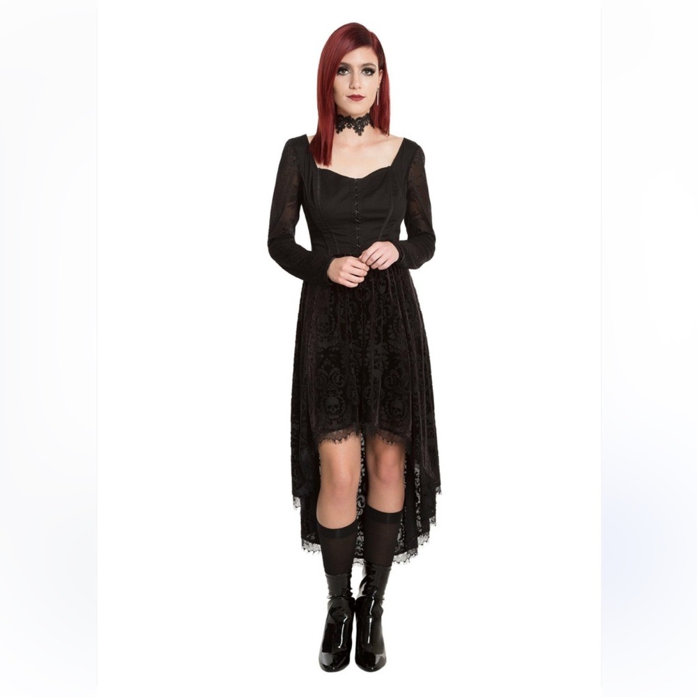 Black Lace High-Low Black Velvet Corset Midi Goth Dress Size 11 - Picture 3 of 17
